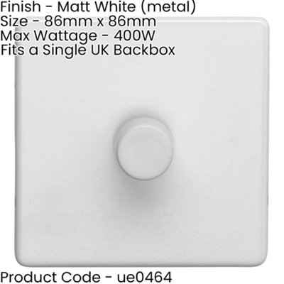 1 Gang Rotary Dimmer Switch 2 Way LED SCREWLESS MATT WHITE Light Dimming Wall