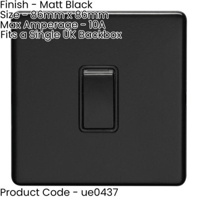 1 Gang Single 10A INTERMEDIATE Light Switch SCREWLESS MATT BLACK Metal Rocker