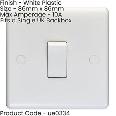 1 Gang Single 10A Light Switch 1 Way - WHITE PLASTIC Wall Plate Outlet Rocker