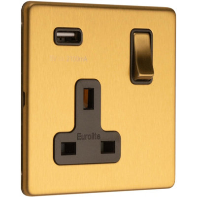 1 Gang Single 13A UK Plug Socket & 2.1A USB-A Charger SCREWLESS SATIN BRASS Price Comparisons | Compare The Build