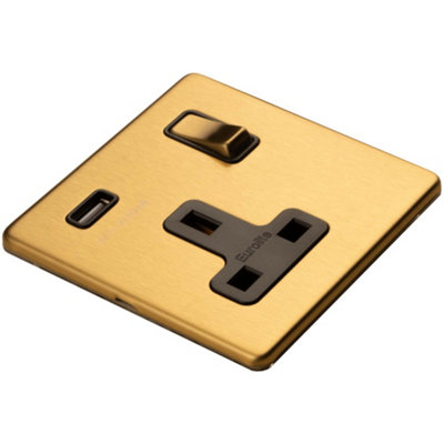 1 Gang Single 13A UK Plug Socket & 2.1A USB-A Charger SCREWLESS SATIN BRASS