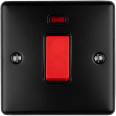 1 Gang Single 45A Cooker Switch & Neon - MATT BLACK & BLACK TRIM Rocker DP