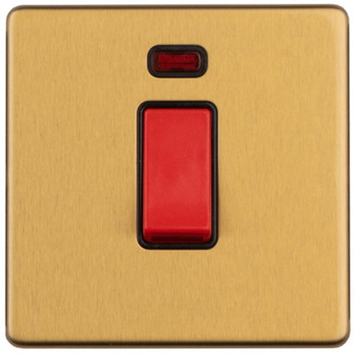 1 Gang Single 45A DP Cooker Switch & Neon SCREWLESS SATIN BRASS Slim Rocker