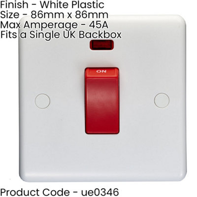 1 Gang Single 45A DP Cooker Switch & Neon - WHITE & RED Rocker Oven Appliance