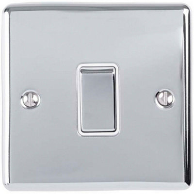 1 Gang Single Light Switch POLISHED CHROME 2 Way 10A White Trim & Metal Rocker