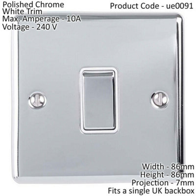 1 Gang Single Light Switch POLISHED CHROME 2 Way 10A White Trim & Metal Rocker