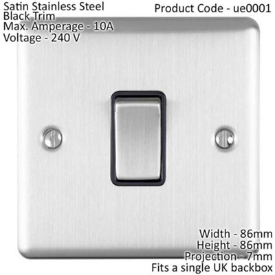 1 Gang Single Light Switch SATIN STEEL 2 Way 10A Black Trim & Metal Rocker