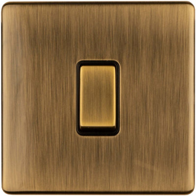 1 Gang Single Light Switch SCREWLESS ANTIQUE BRASS 2 Way 10A Metal Rocker Slim