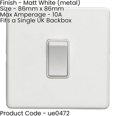 1 Gang Single Light Switch SCREWLESS MATT WHITE 2 Way 10A Metal Rocker Slim