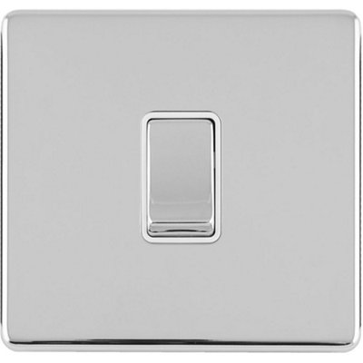 1 Gang Single Light Switch SCREWLESS POLISHED CHROME 2 Way 10A Metal Rocker Slim