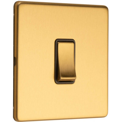 1 Gang Single Light Switch SCREWLESS SATIN BRASS 2 Way 10A Metal Rocker ...