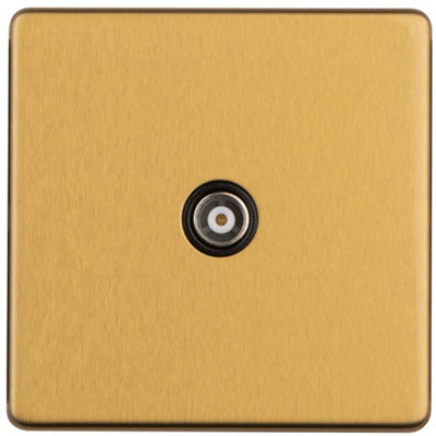 1 Gang Single TV Coaxial Aerial Socket SCREWLESS SATIN BRASS Female Wall Plate