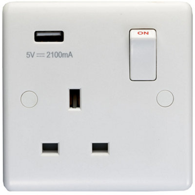 1 Gang Single UK Plug Socket & 2.1A USB-A Charger WHITE PLASTIC 13A ...