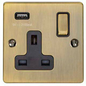 1 Gang Single UK Plug Socket & 2.1A USB Charger ANTIQUE BRASS 13A Switched