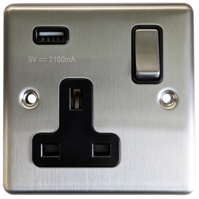 1 Gang Single UK Plug Socket & 2.1A USB Charger SATIN STEEL & Black 13A ...