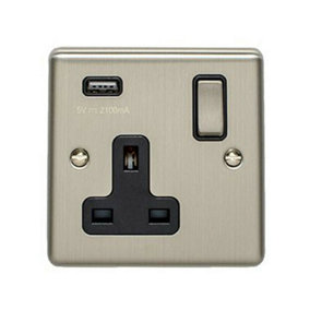 1 Gang Single UK Plug Socket & 2.1A USB Charger SATIN STEEL & Black 13A Switched