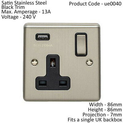 1 Gang Single UK Plug Socket & 2.1A USB Charger SATIN STEEL & Black 13A ...