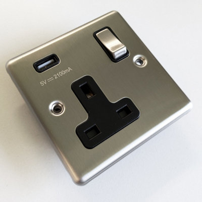 1 Gang Single UK Plug Socket & 2.1A USB Charger SATIN STEEL & Black 13A ...