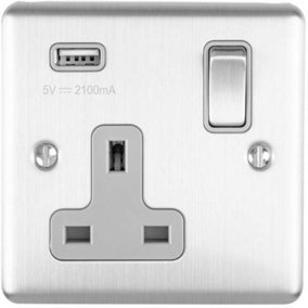 1 Gang Single UK Plug Socket & 2.1A USB Charger SATIN STEEL & Grey 13A Switched