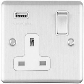 1 Gang Single UK Plug Socket & 2.1A USB Charger SATIN STEEL & White 13A Switched