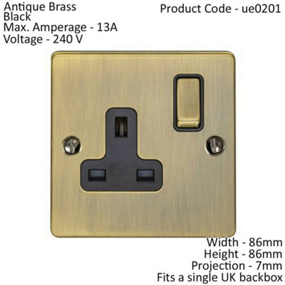 1 Gang Single UK Plug Socket ANTIQUE BRASS 13A Switched Mains Wall Power Outlet