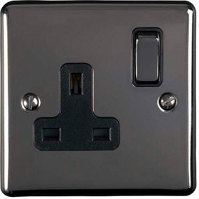1 Gang Single UK Plug Socket BLACK NICKEL 13A Switched Mains Wall Power Outlet