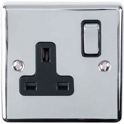 1 Gang Single UK Plug Socket POLISHED CHROME & Black 13A Switched Power