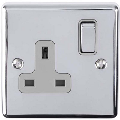 1 Gang Single UK Plug Socket POLISHED CHROME & GREY 13A Switched Power Outlet