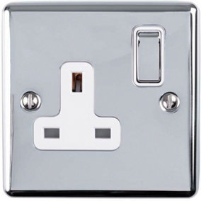 1 Gang Single UK Plug Socket POLISHED CHROME & White 13A Switched Power Outlet