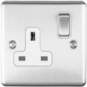 1 Gang Single UK Plug Socket SATIN STEEL 13A Switched White Trim Power Outlet