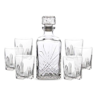 1 Litre Cut Glass Square Decanter and 6PC Glasses Set