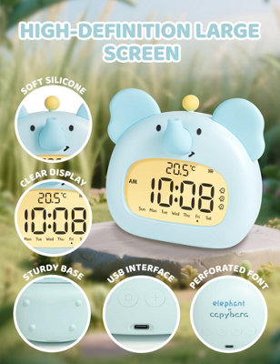 1 Pack Children's elephant alarm clock with night light, 3.15-inch ...
