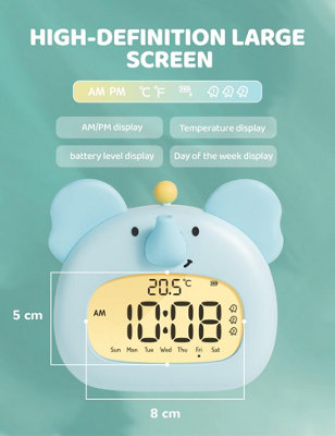1 Pack Children's elephant alarm clock with night light, 3.15-inch ...