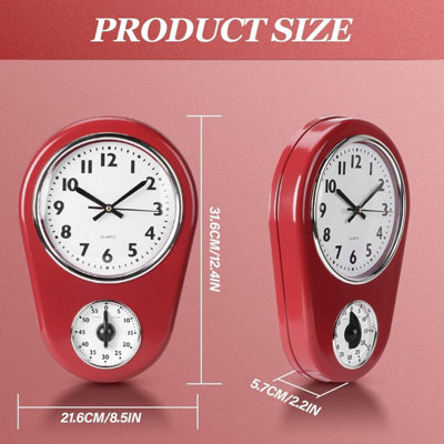 1 Pack Kitchen Wall Clock, Vintage Red Hanging Timer for Home, Bedroom ...