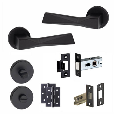 1 Pair Modern Aura Design Matt Black Premium Bathroom Door Handles Round Rose Dead Bolt Ball Latch Hinges Thumbturn - Golden Grace