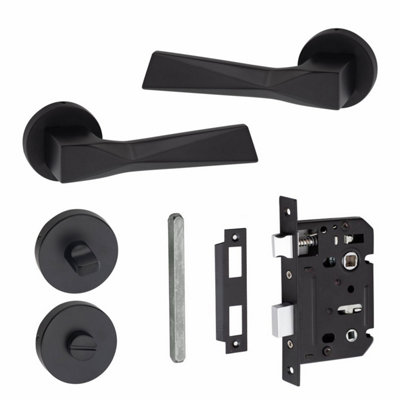 1 Pair Modern Aura Design Matt Black Premium Bathroom Door Handles Round Rose - Golden Grace