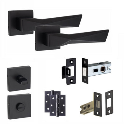 1 Pair Modern Aura Design Matt Black Premium Bathroom Door Handles Square Rose Dead Bolt Ball Latch Hinges Thumbturn