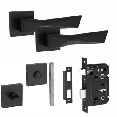 1 Pair Modern Aura Design Matt Black Premium Bathroom Door Handles Square Rose - Golden Grace