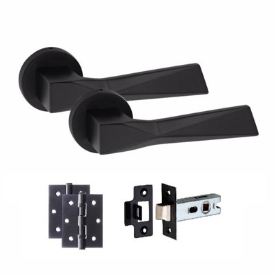 1 Pair Modern Aura Design Matt Black Premium Door Handles Round Rose 3" Ball Bearing Hinges and 2.5" Tubular Latch - Golden Grace