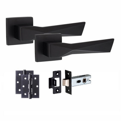 1 Pair Modern Aura Design Matt Black Premium Door Handles Square Rose 3" Ball Bearing Hinges and 2.5" Tubular Latch - Golden Grace