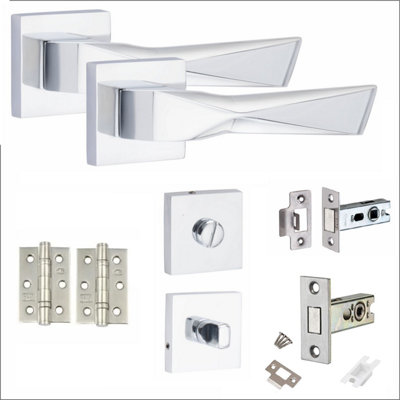1 Pair Modern Aura Design Polished Chrome Premium Bathroom Door Handles Square Rose Dead Bolt Ball Latch Hinges Thumbturn