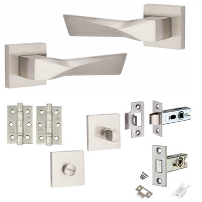 1 Pair Modern Aura Design Satin Nickel Premium Bathroom Door Handles Square Rose Dead Bolt Ball Latch Hinges Thumbturn