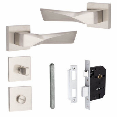 1 Pair Modern Aura Design Satin Nickel Premium Bathroom Door Handles Square Rose - Golden Grace