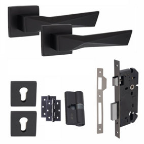 1 Pair Modern Aura Euro Lock Door Handles, 70mm Key & Key Barrell Matt Black Finish and Ball Bearing HInges - Golden Grace