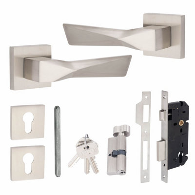 1 Pair Modern Aura Euro Lock Door Square Rose Handles 70mm Thumbturn Barrell Satin Nickel Finish - Golden Grace