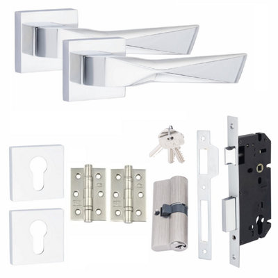 1 Pair Modern Aura Euro Lock Square Rose Door Handles 70mm Key & Key Barrell Polished Chrome Finish and Ball Bearing Hinges