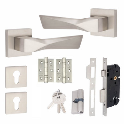 1 Pair Modern Aura Euro Lock Square Rose Door Handles 70mm Key & Key Barrell Satin Nickel Finish and Ball Bearing Hinges Price Comparisons | Compare The Build