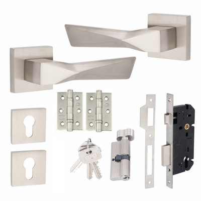 1 Pair Modern Aura Euro Lock Square Rose Door Handles 70mm Thumbturn Barrell Satin Nickel Finish and Ball Bearing HInges