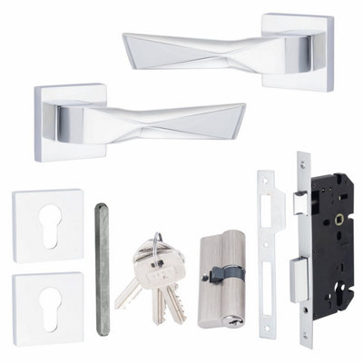 1 Pair Modern Aura Square Rose Euro Lock Door Handles 70mm Key & Key Barrell Polished Chrome Finish - Golden Grace