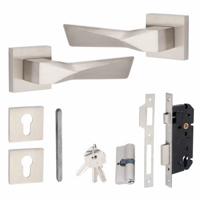 1 Pair Modern Aura Square Rose Euro Lock Door Handles 70mm Key & Key Barrell Satin Nickel Finish - Golden Grace